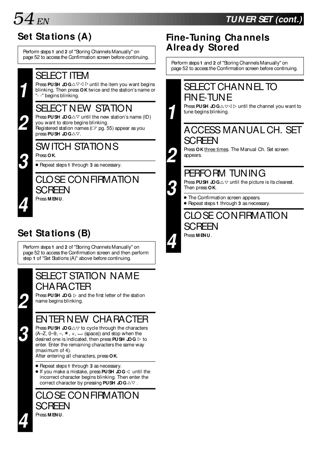 JVC HR-S9400EE Select NEW Station, Switch Stations, Select Channel to, Fine-Tune, Perform Tuning, Enter NEW Character 