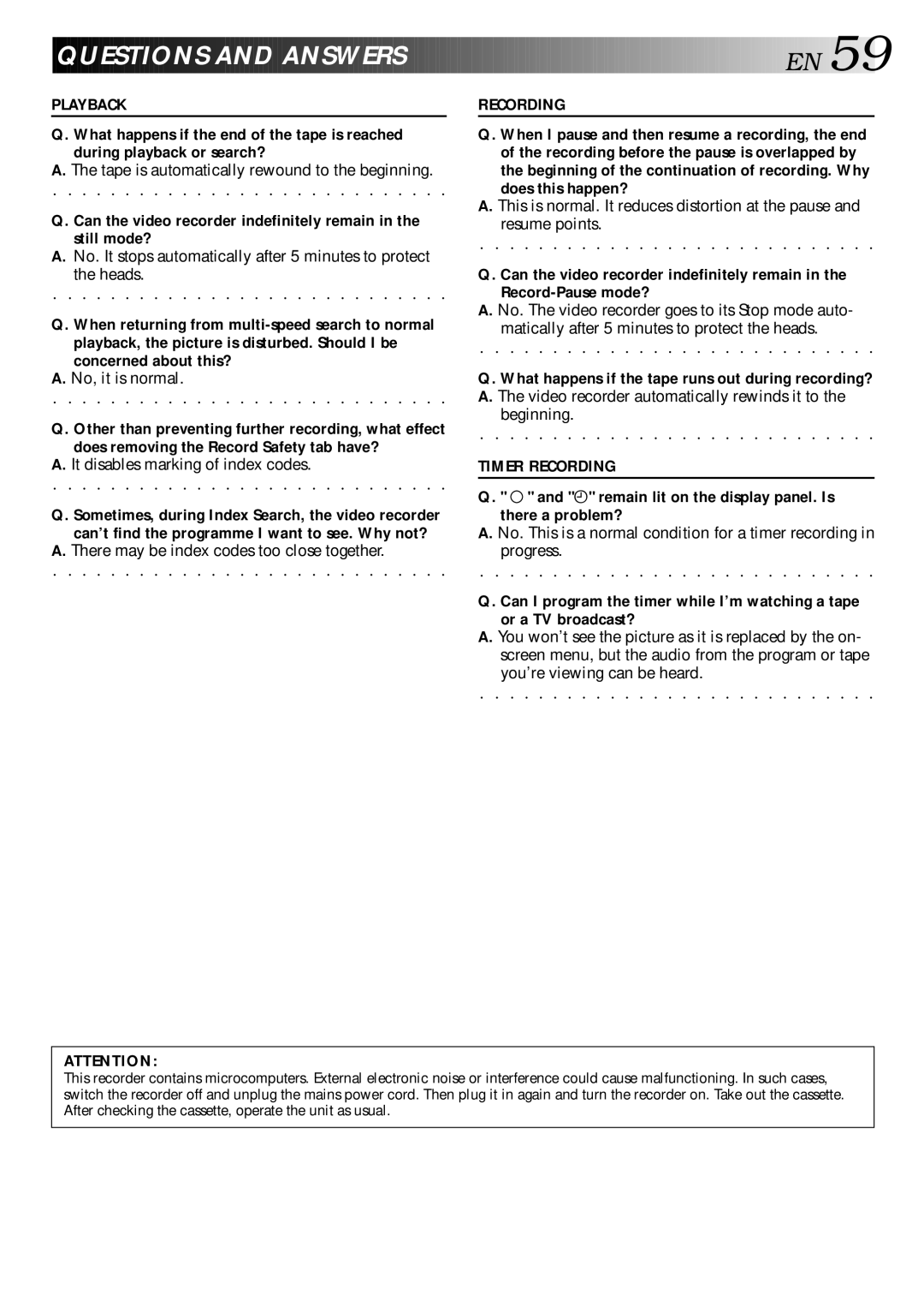 JVC HR-S9400EE specifications Questions and Answer S E N, Ä remain lit on the display panel. Is there a problem? 