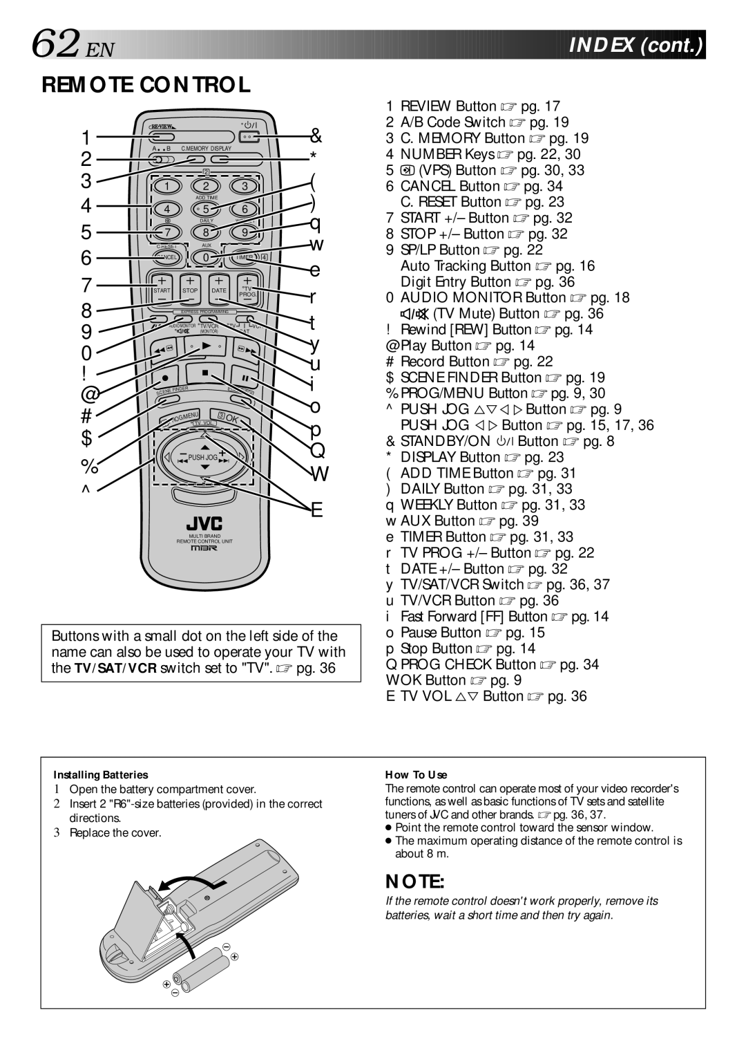 JVC HR-S9400EE specifications EN Index, Installing Batteries, How To Use 