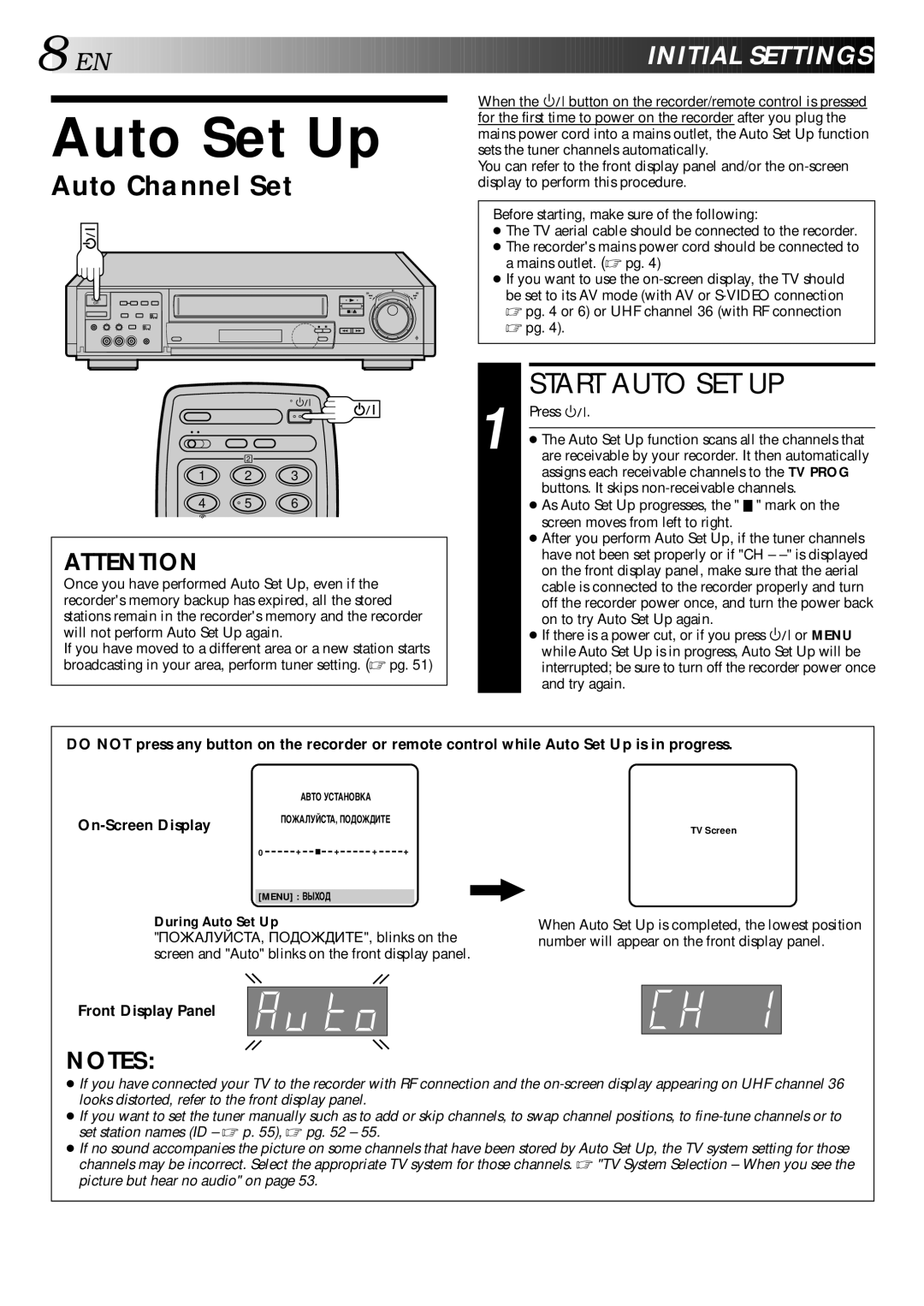 JVC HR-S9400EE specifications Auto Set Up, Start Auto SET UP, Nitial Sett Ings, Auto Channel Set, Front Display Panel 