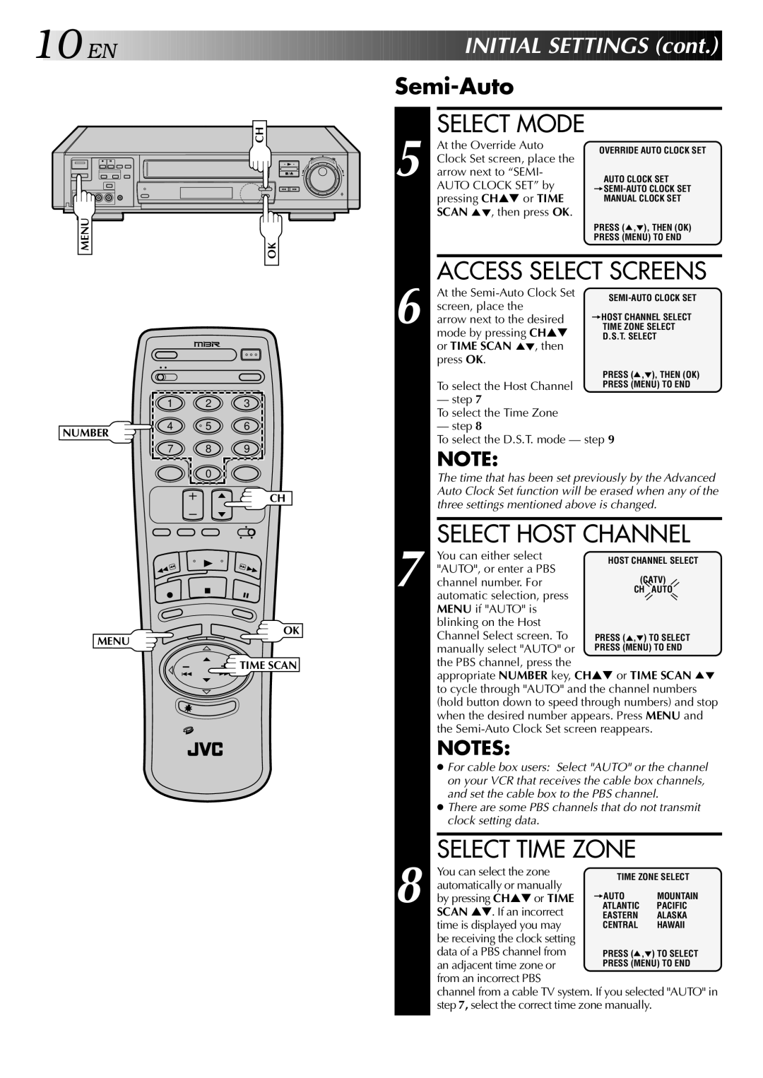 JVC HR-S9400U manual Access Select Screens, Select Host Channel, Select Time Zone, Initial Settings, Semi-Auto 