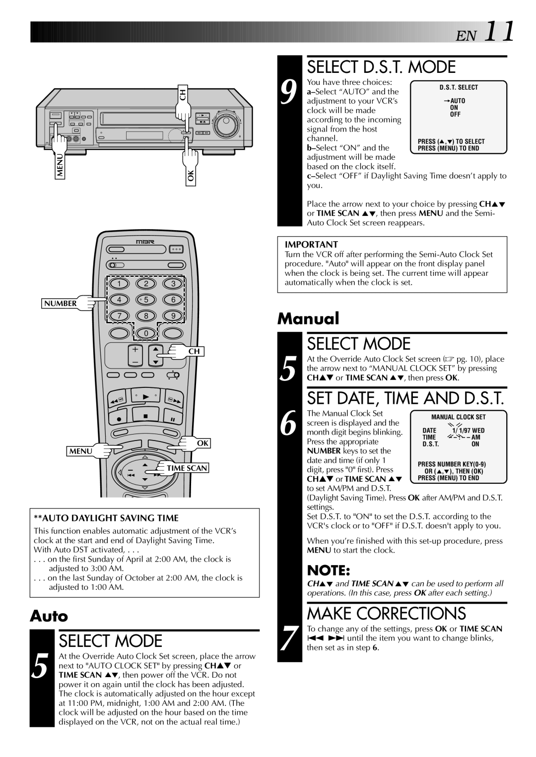 JVC HR-S9400U manual Select D.S.T. Mode, Select Mode, SET DATE, Time and D.S.T, Make Corrections 