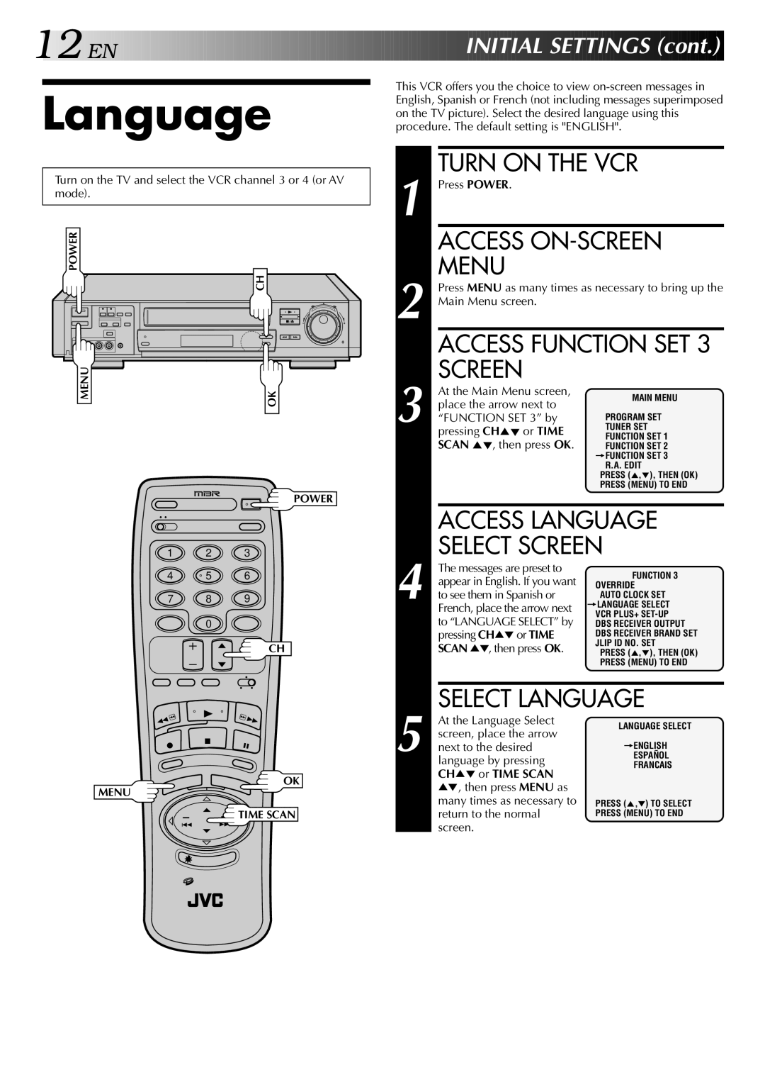 JVC HR-S9400U manual Access Language, Select Language, EN Initial Settings 