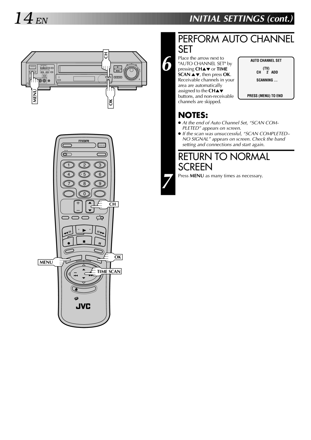 JVC HR-S9400U manual Press Menu as many times as necessary, Auto Channel SET CH 2 ADD Scanning Press Menu to END 