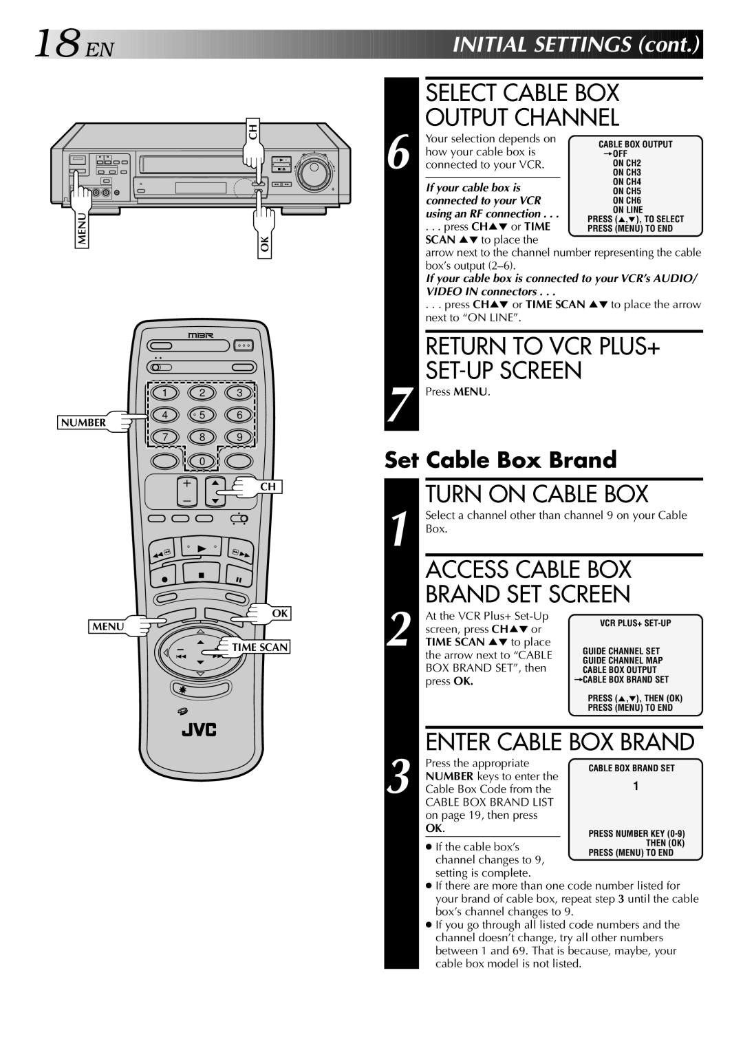 JVC HR-S9400U manual Turn on Cable BOX, Access Cable BOX, Brand SET Screen, Set Cable Box Brand, Time Scan 5 to place 