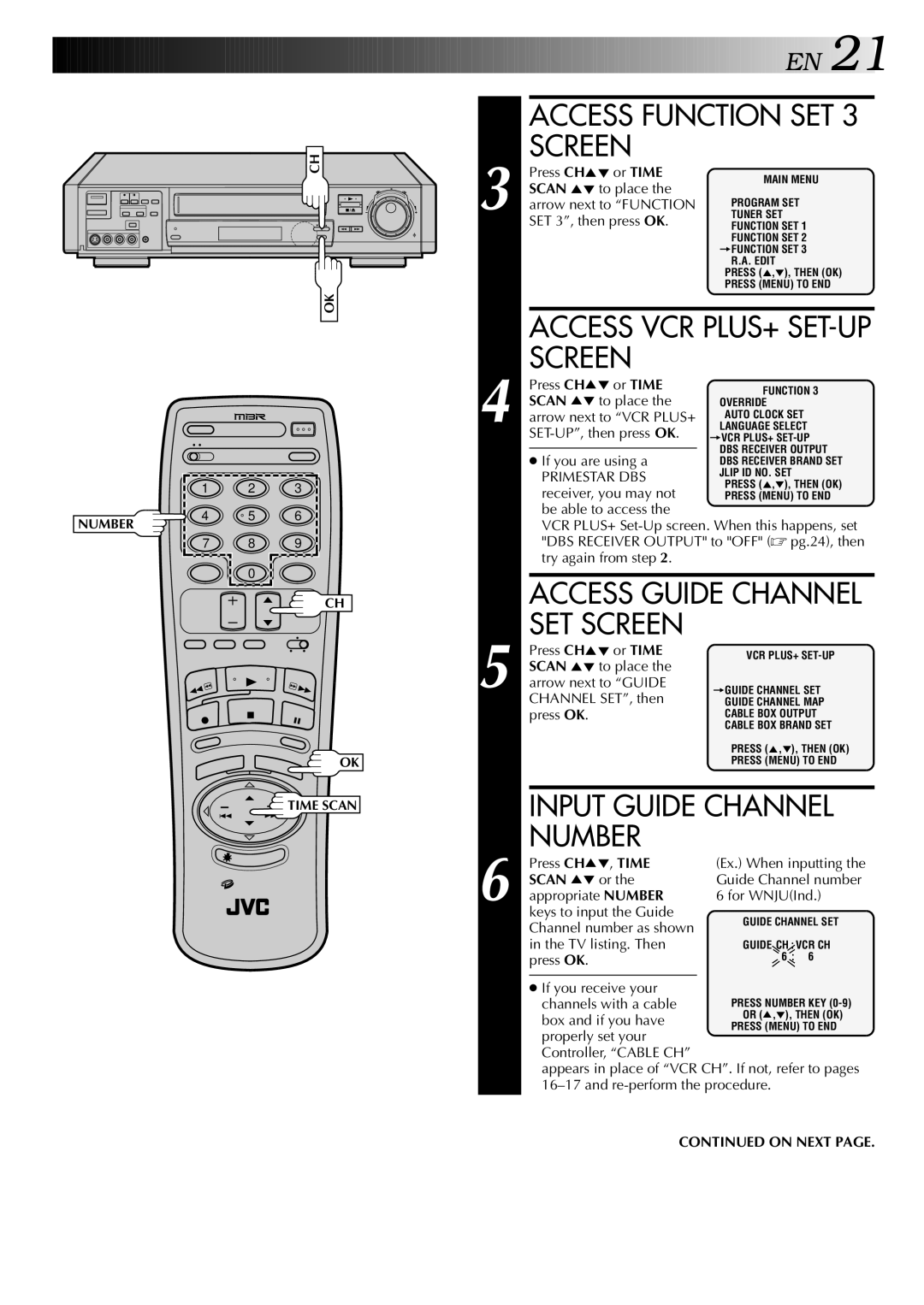 JVC HR-S9400U Access Function SET 3 Screen, Access Guide Channel SET Screen, Input Guide Channel, Number, Primestar DBS 