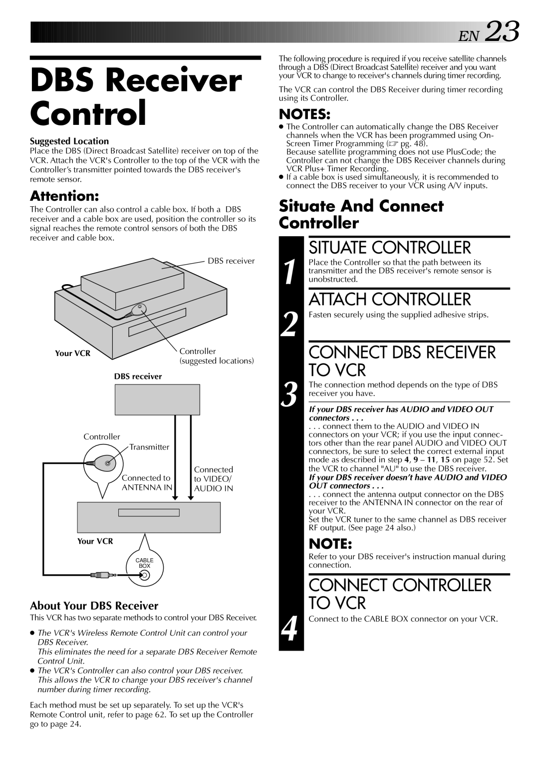 JVC HR-S9400U manual DBS Receiver Control, To VCR, Connect Controller, DBS receiver 