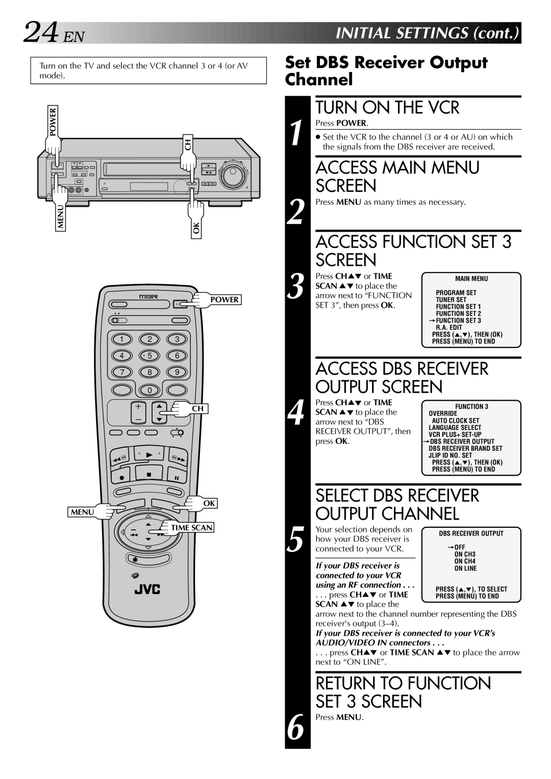 JVC HR-S9400U manual Access Main Menu Screen, Set DBS Receiver Output Channel, Or Time 