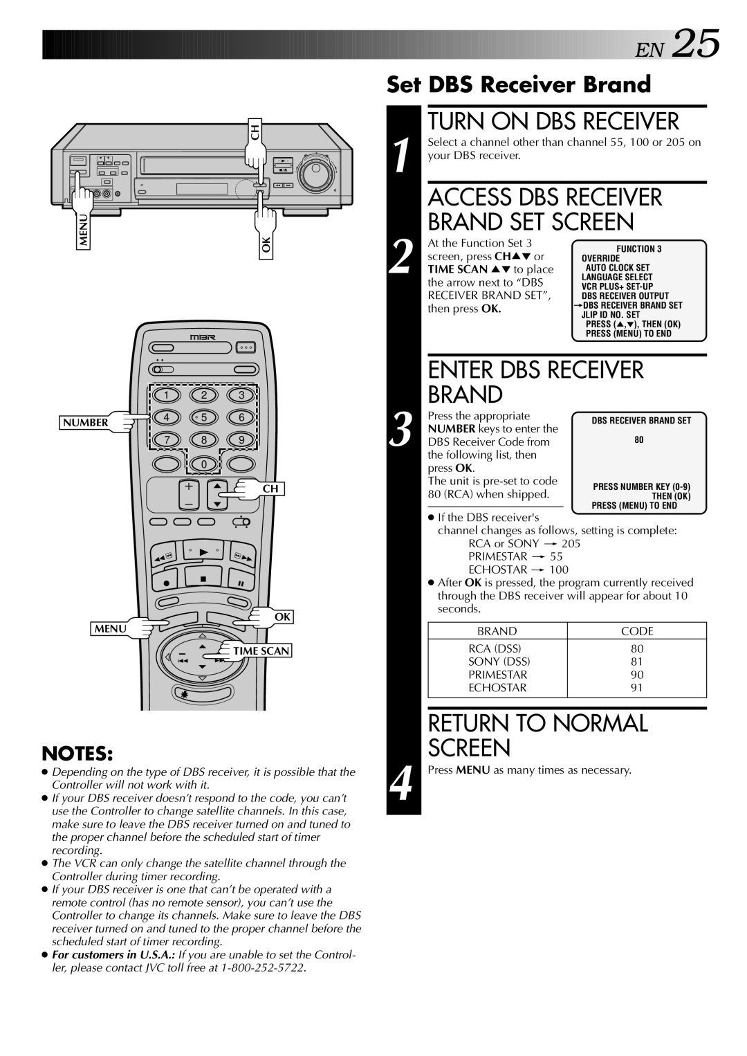 JVC HR-S9400U manual Turn on DBS Receiver, Enter DBS Receiver Brand, Set DBS Receiver Brand 