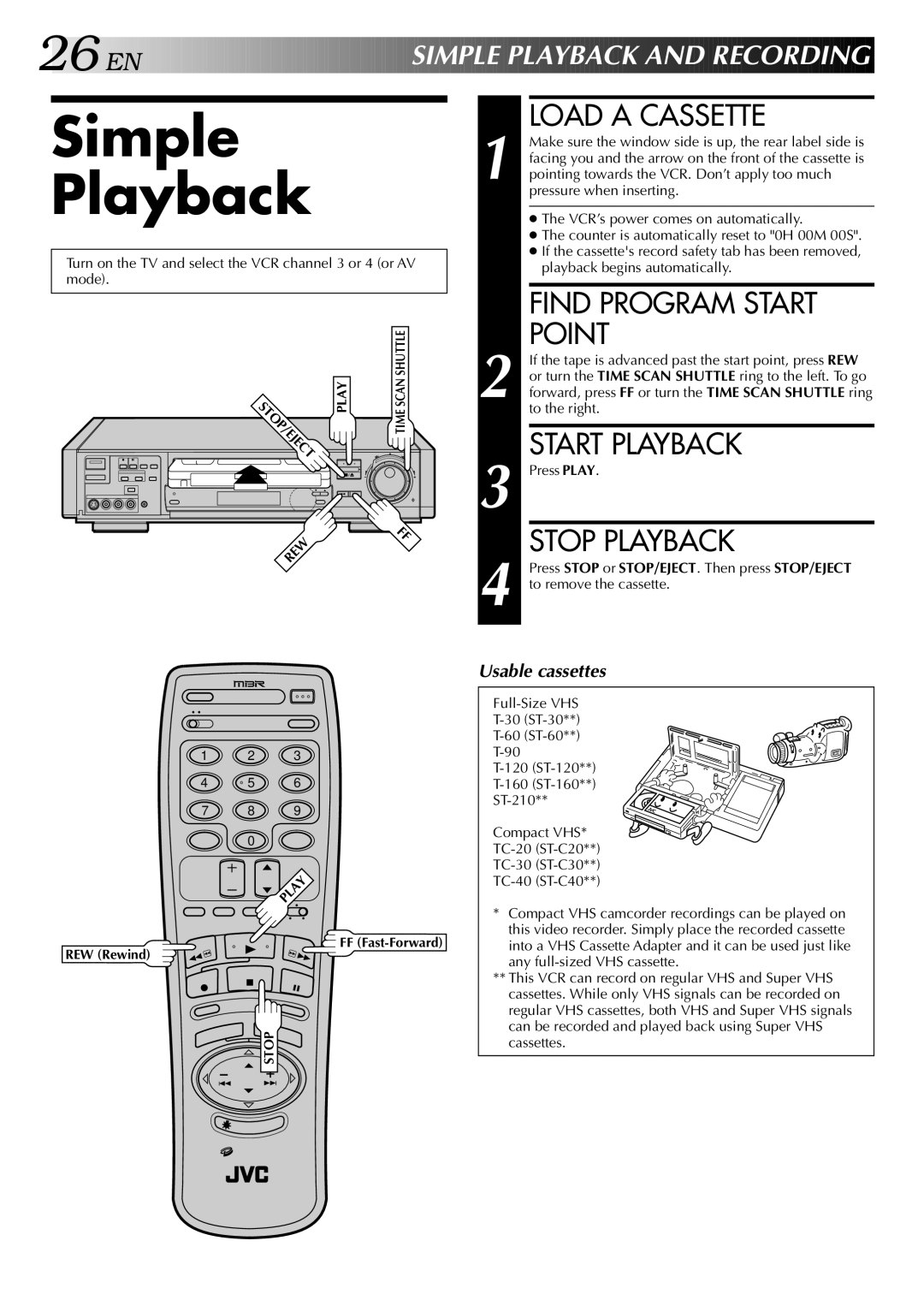 JVC HR-S9400U manual Simple Playback, Load a Cassette, Find Program Start Point, Start Playback, Stop Playback 