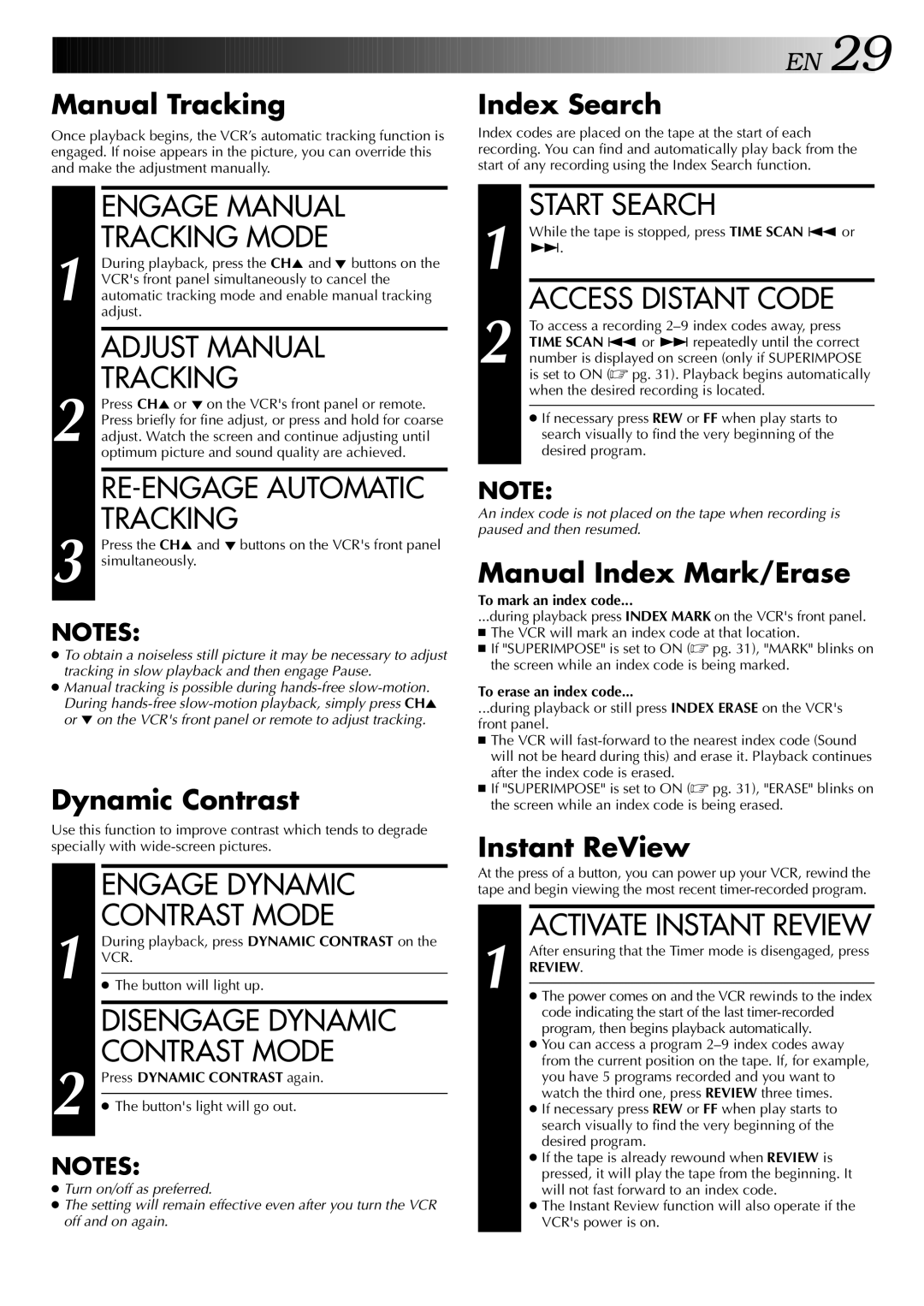 JVC HR-S9400U manual Engage Manual Tracking Mode, Adjust Manual Tracking, RE-ENGAGE Automatic Tracking, Engage Dynamic 