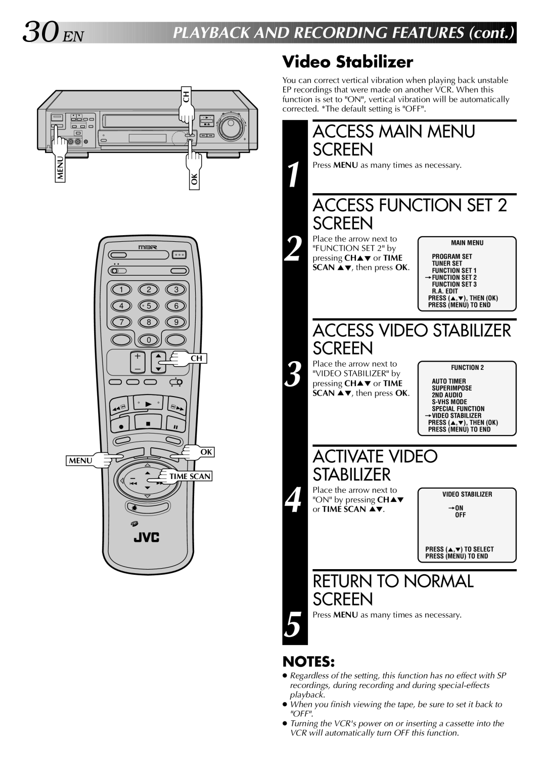 JVC HR-S9400U manual Activate Video, Return to Normal, Layback and Recording Features, Video Stabilizer 