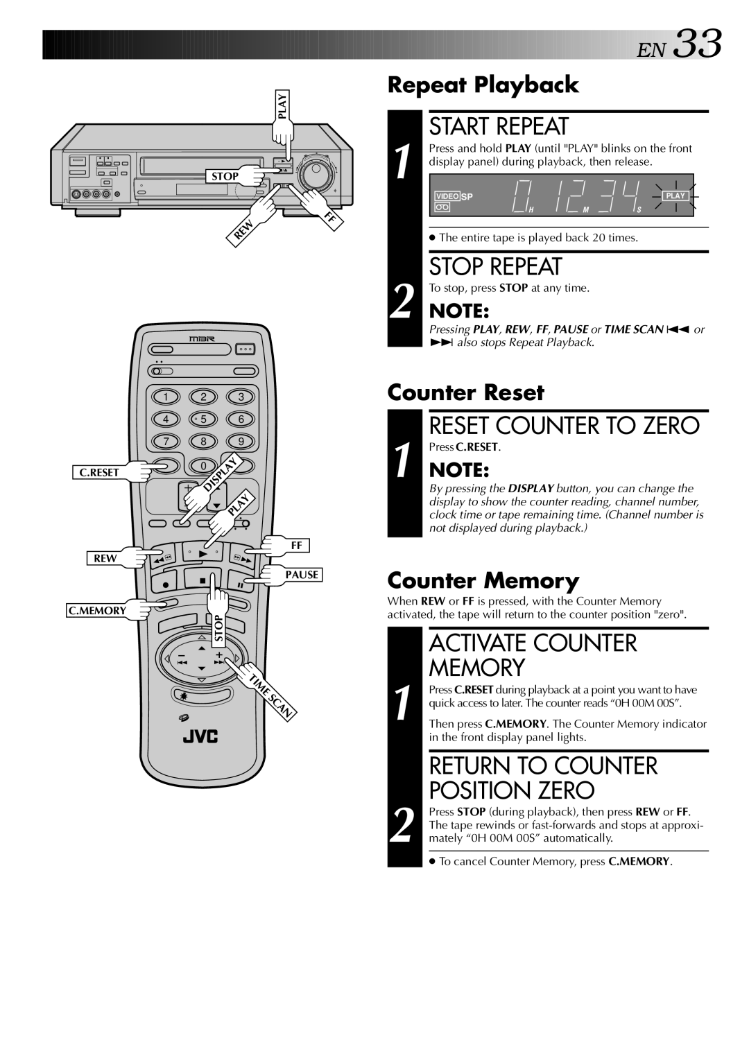 JVC HR-S9400U manual Stop Repeat, Activate Counter, Memory, Return to Counter Position Zero 