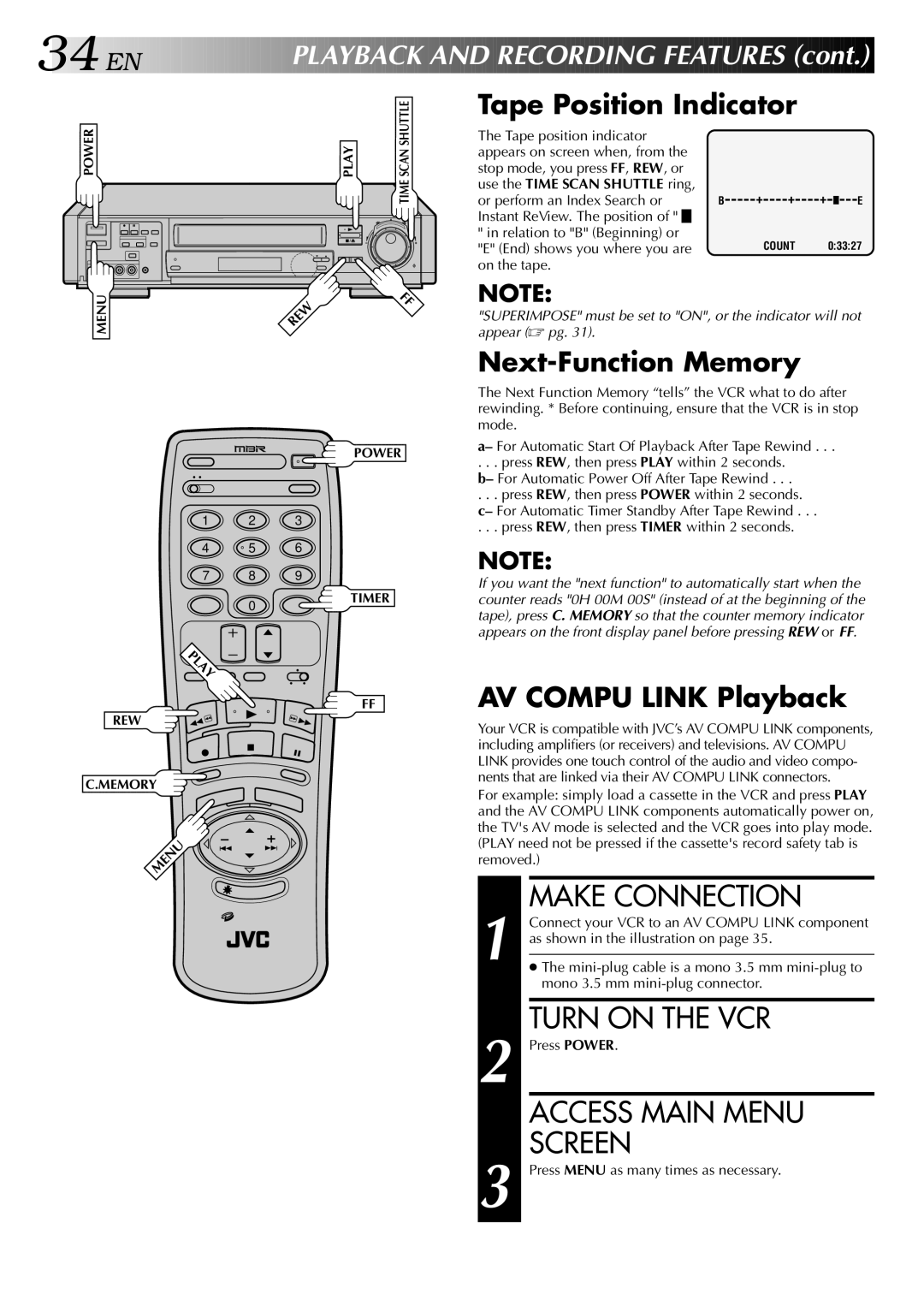 JVC HR-S9400U manual Make Connection, Tape Position Indicator, Next-Function Memory, AV Compu Link Playback 