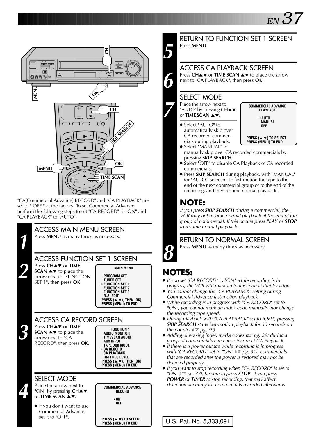 JVC HR-S9400U manual Arrow next to CA, RECORD, then press OK 