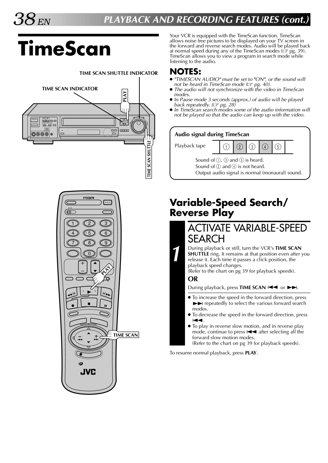 JVC HR-S9400U manual Variable-Speed Search/ Reverse Play, Audio signal during TimeScan, Time Scan Shuttle Indicator 