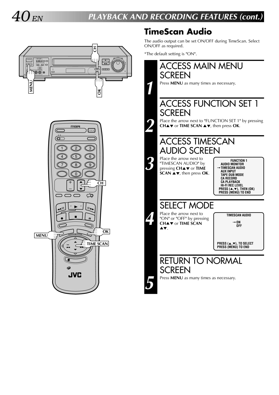 JVC HR-S9400U manual Access Timescan, Audio Screen, EN P Layback and Recording Features, TimeScan Audio, CH5 