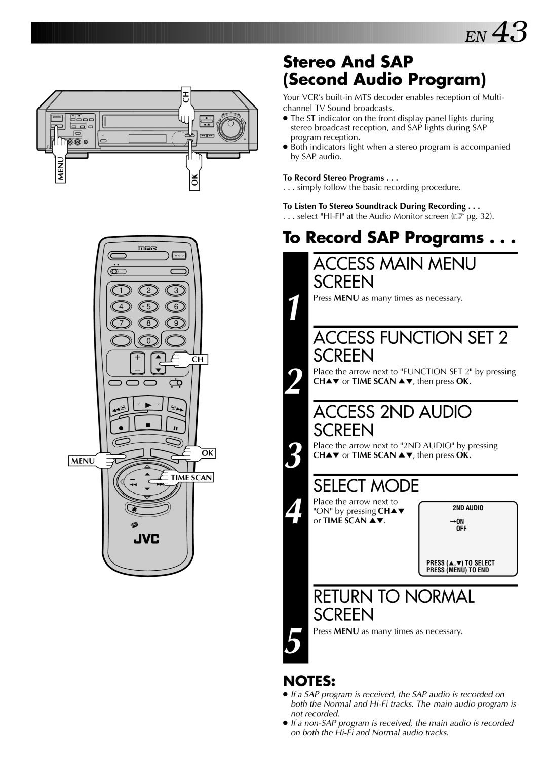 JVC HR-S9400U Access 2ND Audio, Stereo And SAP Second Audio Program, To Record SAP Programs, To Record Stereo Programs 