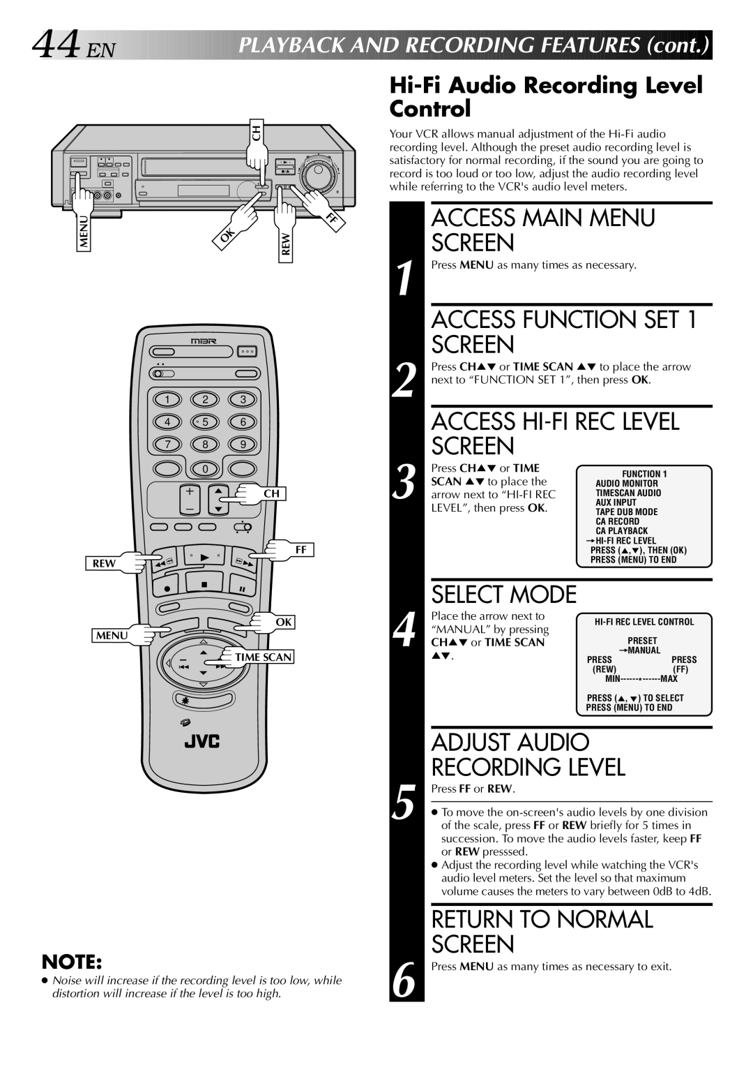 JVC HR-S9400U manual Adjust Audio Recording Level, Hi-Fi Audio Recording Level Control 