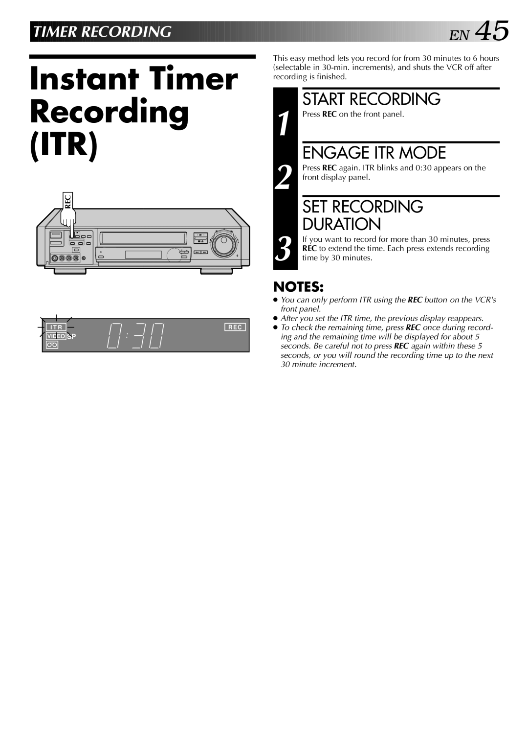 JVC HR-S9400U manual Instant Timer, Engage ITR Mode, SET Recording, Duration, Timer Recording 