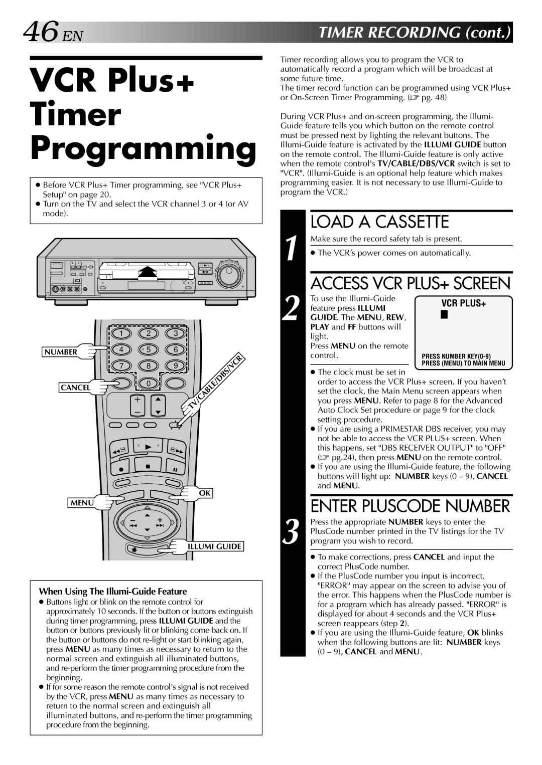 JVC HR-S9400U VCR Plus+ Timer Programming, Enter Pluscode Number, EN Timer Recording, When Using The Illumi-Guide Feature 