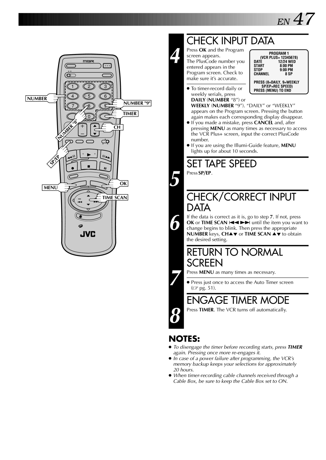 JVC HR-S9400U manual CHECK/CORRECT Input, Data, Engage Timer Mode, Number keys, CH 5 or Time Scan 5 to obtain 