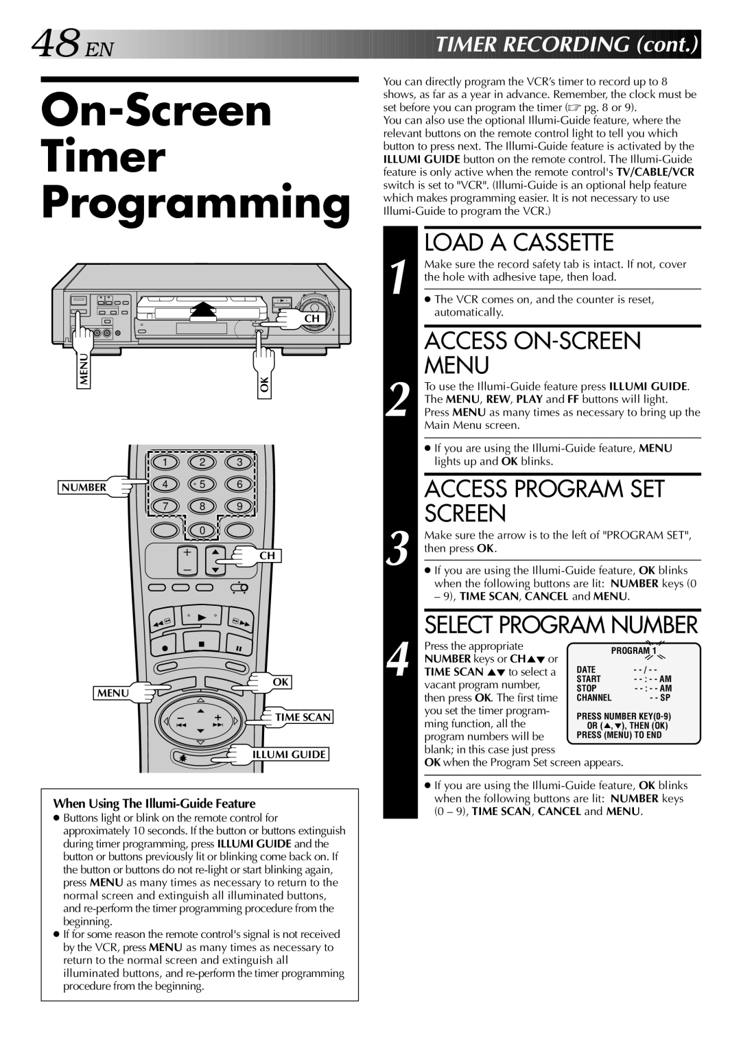 JVC HR-S9400U manual On-Screen Timer Programming, Access ON-SCREEN, Menu, Access Program SET Screen 