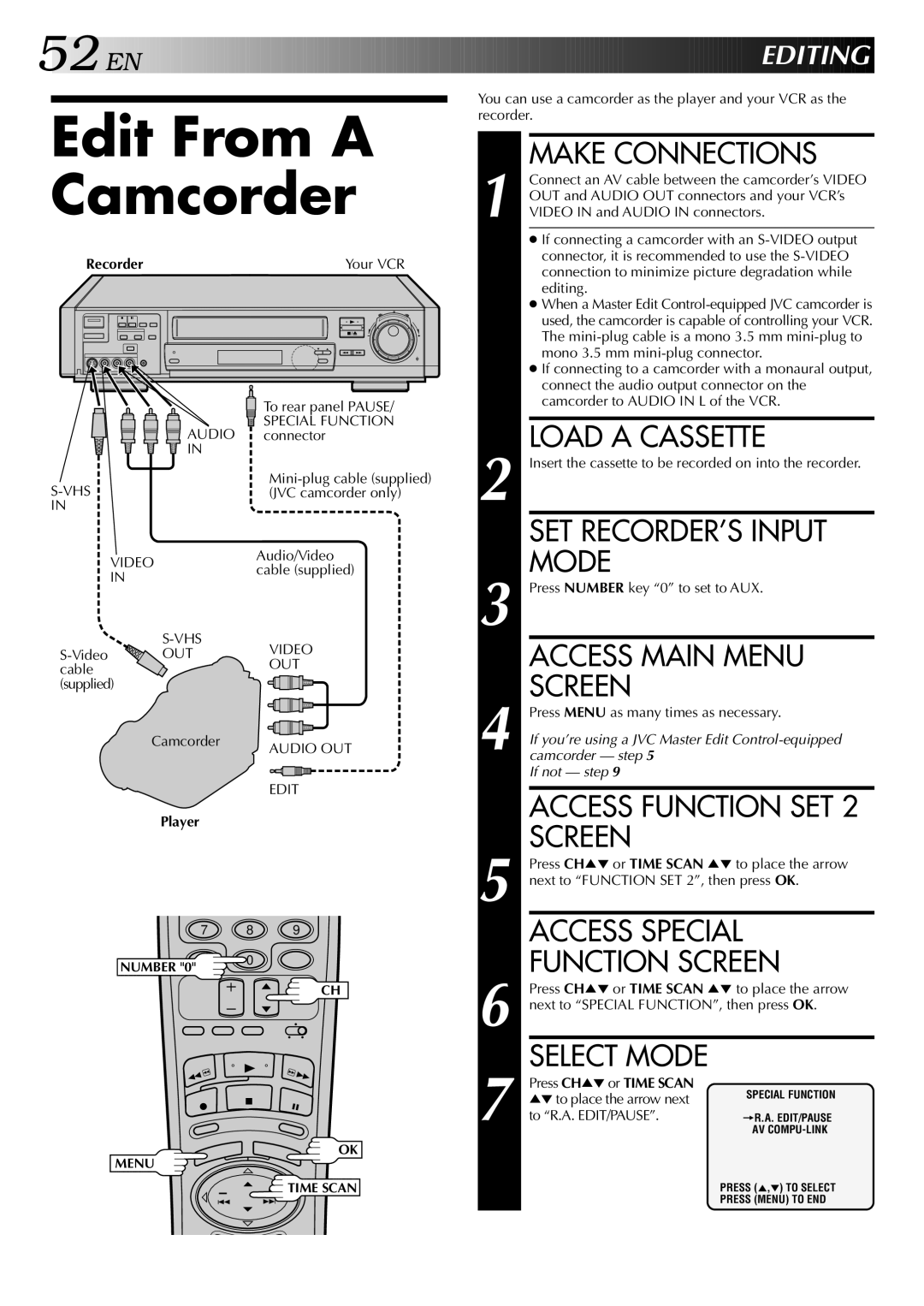 JVC HR-S9400U manual Edit From a Camcorder, Make Connections, SET RECORDER’S Input, Mode, Editing 