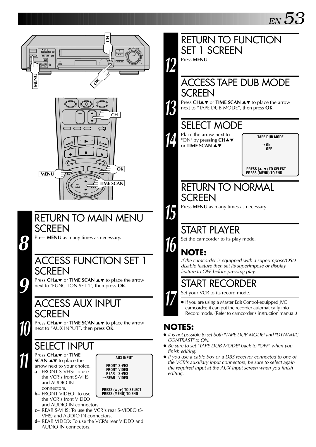 JVC HR-S9400U manual Return to Main Menu Screen, Access AUX Input, Return to Function, SET 1 Screen, Start Player 