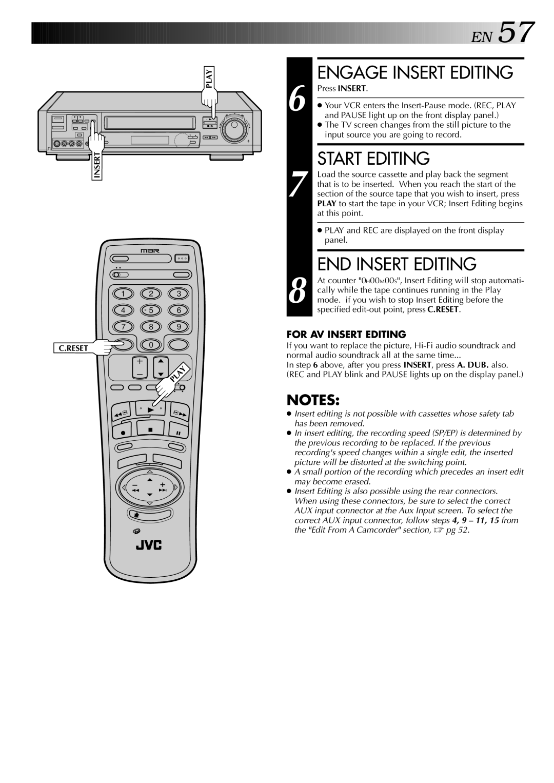 JVC HR-S9400U manual Engage Insert Editing, Start Editing, END Insert Editing 