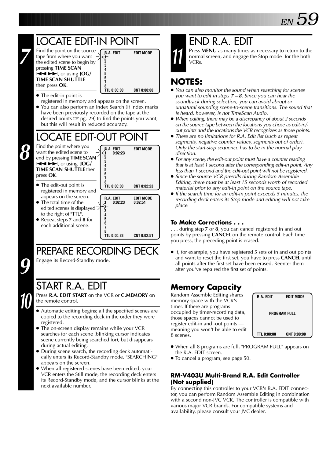 JVC HR-S9400U manual Locate EDIT-IN Point, Locate EDIT-OUT Point, Start R.A. Edit, To Make Corrections 