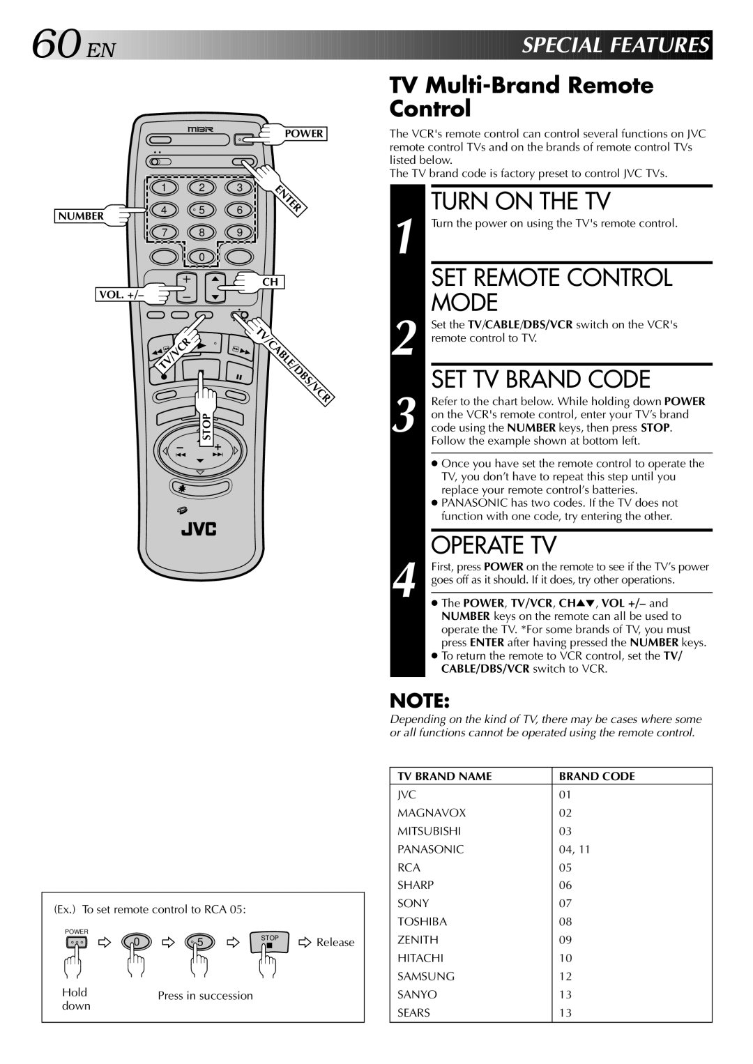 JVC HR-S9400U manual Turn on the TV, SET Remote Control Mode, SET TV Brand Code, Operate TV, Special Feat Ures 