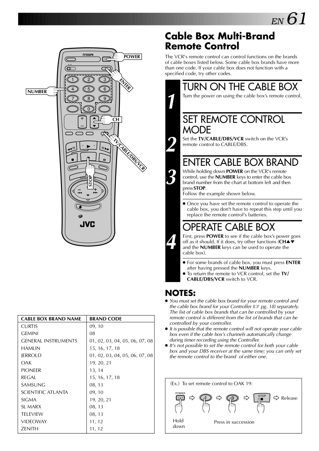 JVC HR-S9400U manual Turn on the Cable BOX, Enter Cable BOX Brand, Operate Cable BOX, Cable Box Multi-Brand Remote Control 