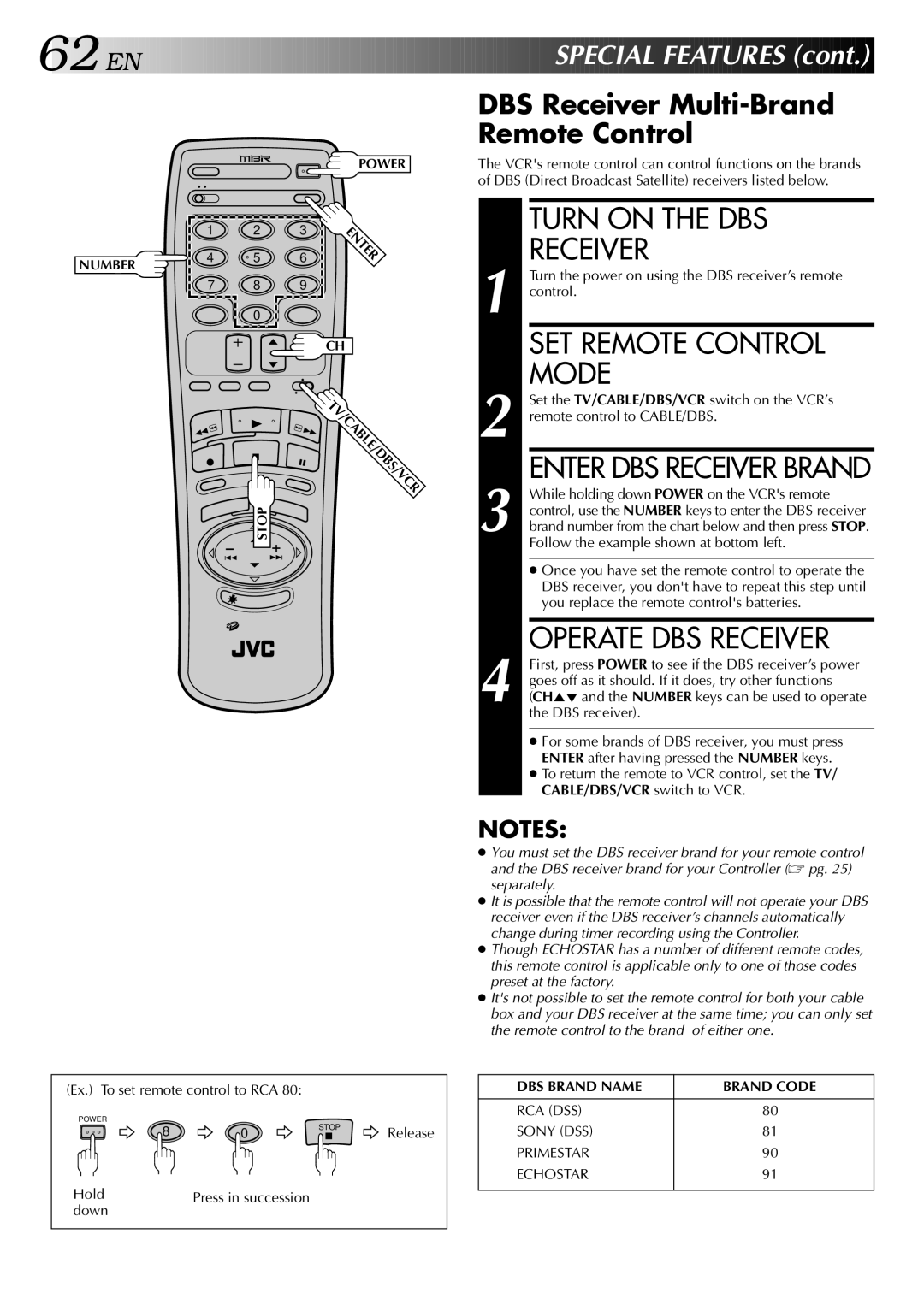 JVC HR-S9400U manual Turn on the DBS, SET Remote Control, DBS Receiver Multi-Brand 