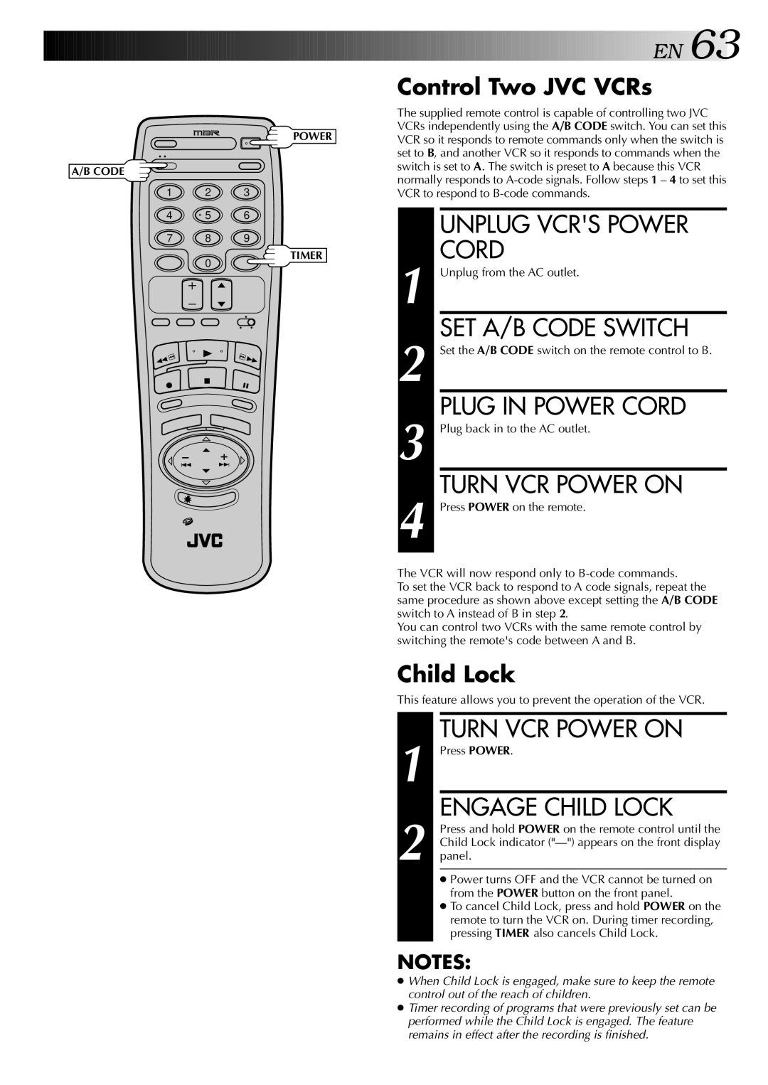 JVC HR-S9400U manual Unplug Vcrs Power, SET A/B Code Switch, Plug in Power Cord, Turn VCR Power on, Engage Child Lock 