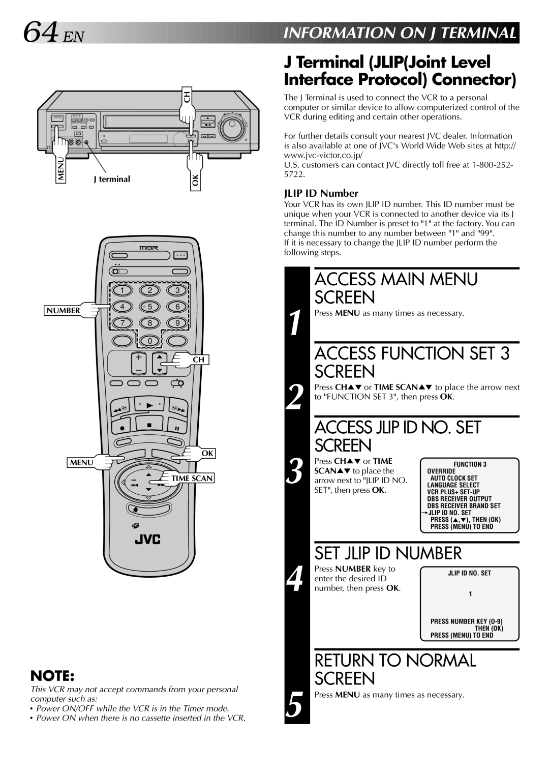 JVC HR-S9400U manual Access Jlip ID NO. SET Screen, SET Jlip ID Number, Info Rmation on J Terminal 