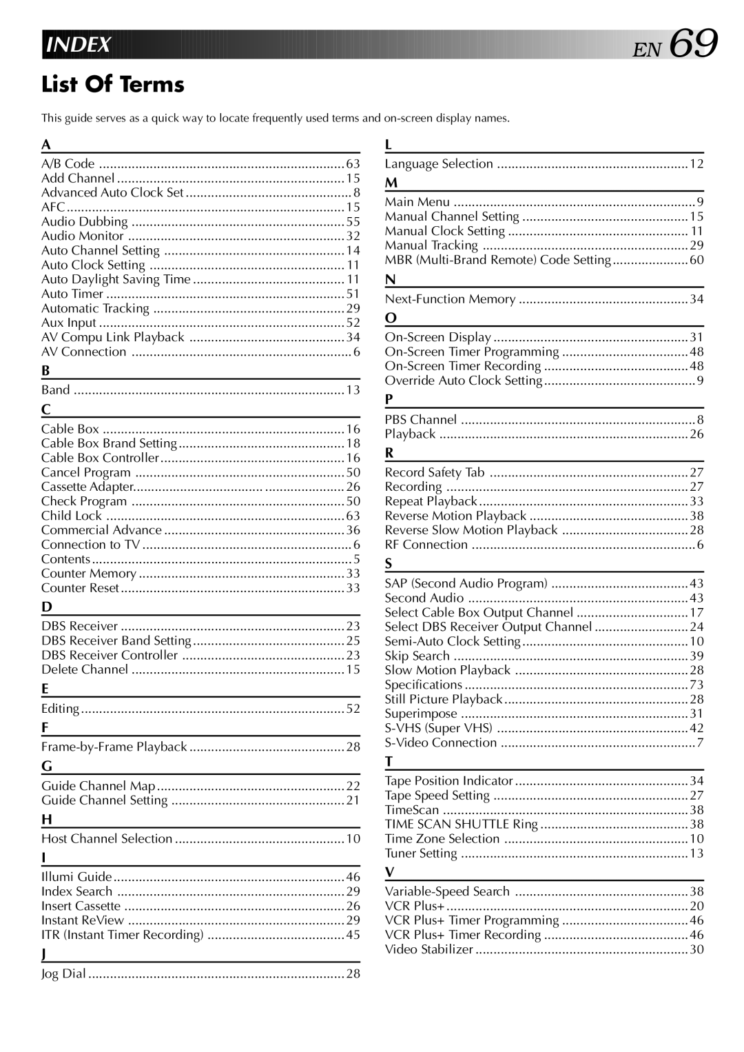 JVC HR-S9400U manual Index, List Of Terms, MBR Multi-Brand Remote Code Setting, Select DBS Receiver Output Channel 