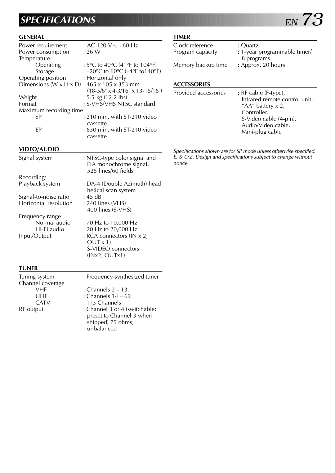 JVC HR-S9400U manual Specifications 