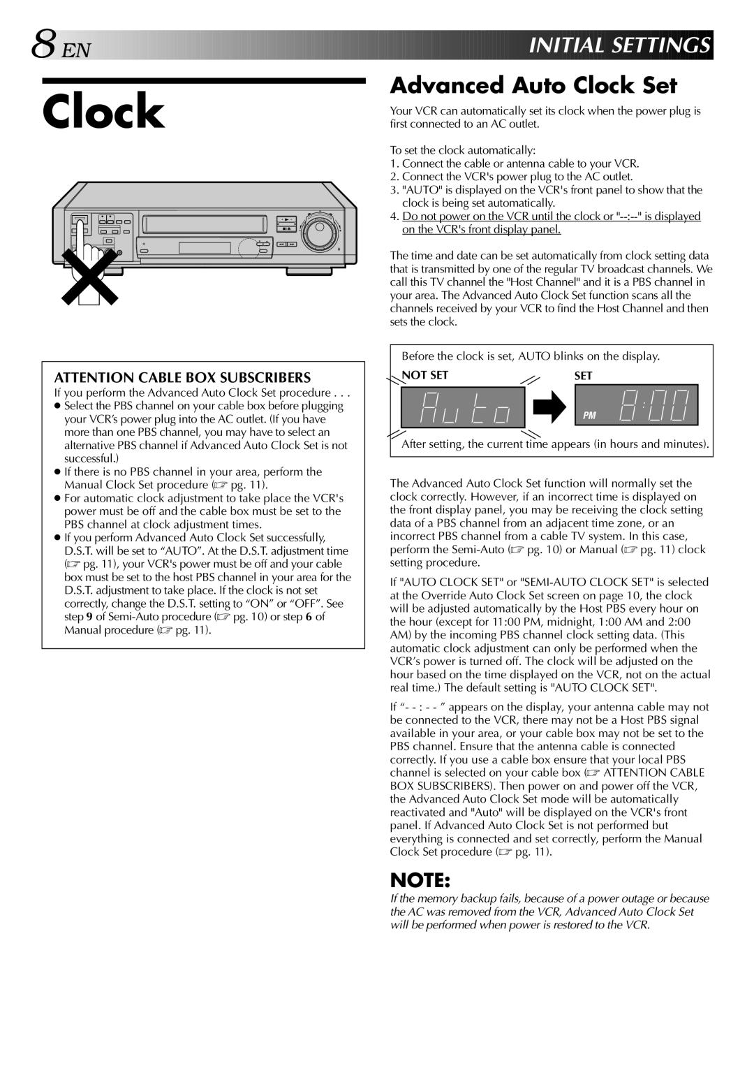 JVC HR-S9400U manual Nitial Sett Ings, Advanced Auto Clock Set, Not SET 