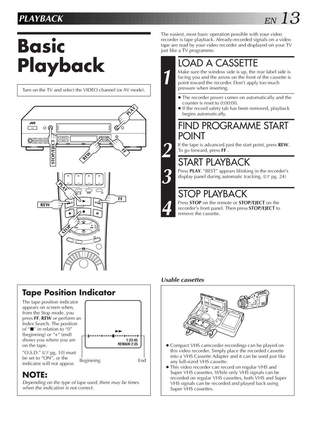 JVC HR-S9500EH specifications Basic Playback, Load a Cassette, Point, Start Playback, Stop Playback 