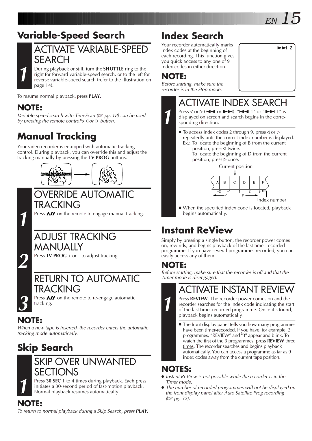 JVC HR-S9500EH Override Automatic Tracking, Adjust Tracking, Manually, Return to Automatic, Skip Over Unwanted, Sections 