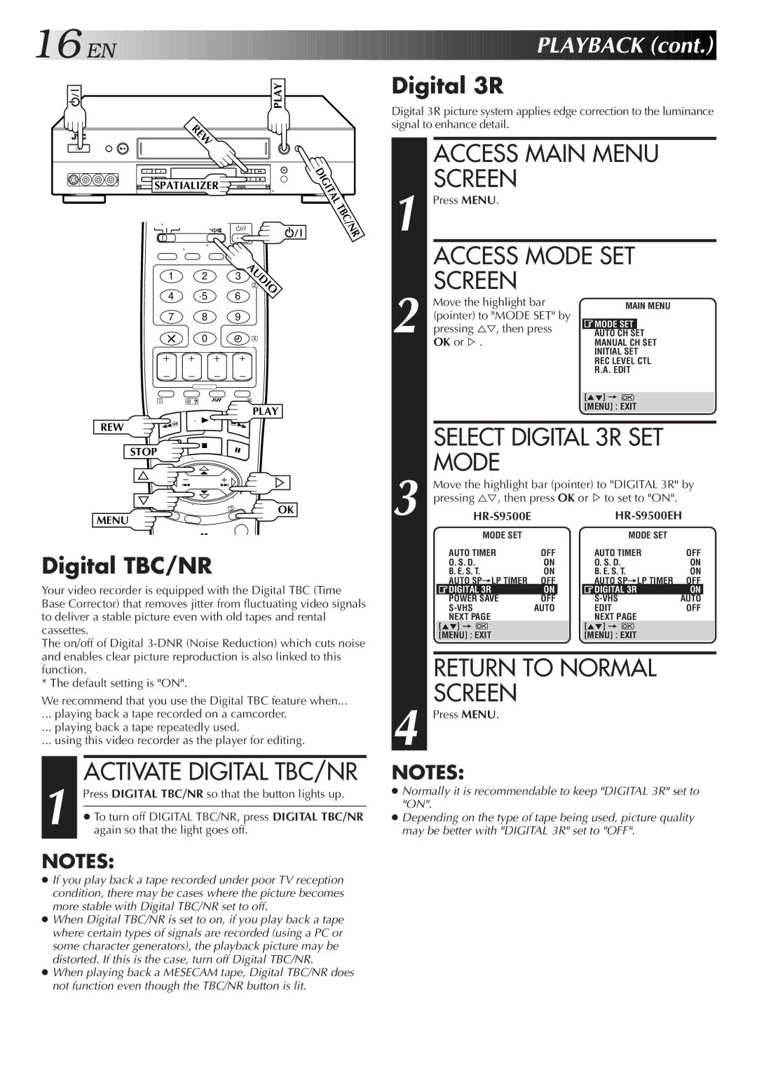 JVC HR-S9500EH specifications Digital TBC/NR, Digital 3R 