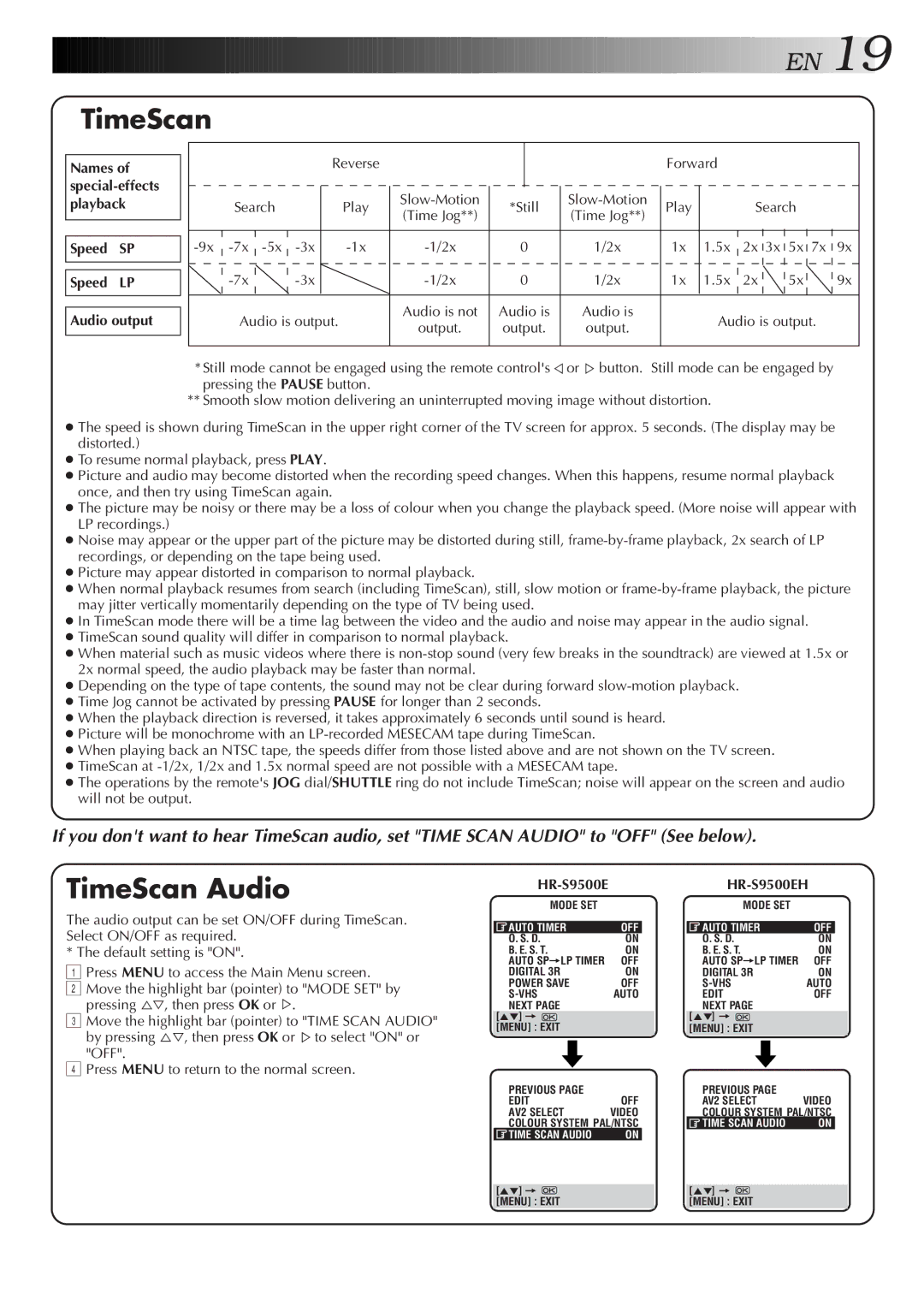 JVC specifications TimeScan Audio, Speed SP Speed LP Audio output, HR-S9500EHR-S9500EH 