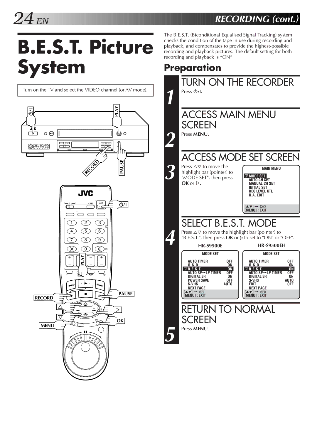 JVC HR-S9500EH specifications S.T. Picture System, Preparation, Highlight bar pointer to MODE%SET, then press 