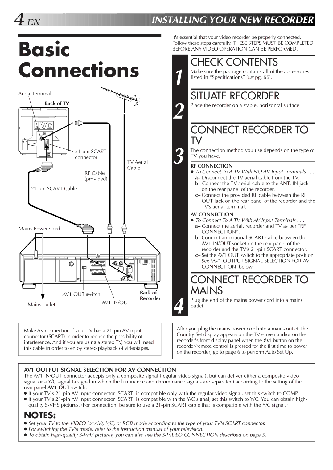 JVC HR-S9500EH specifications Basic Connections, Check Contents, Situate Recorder, Connect Recorder to Mains 