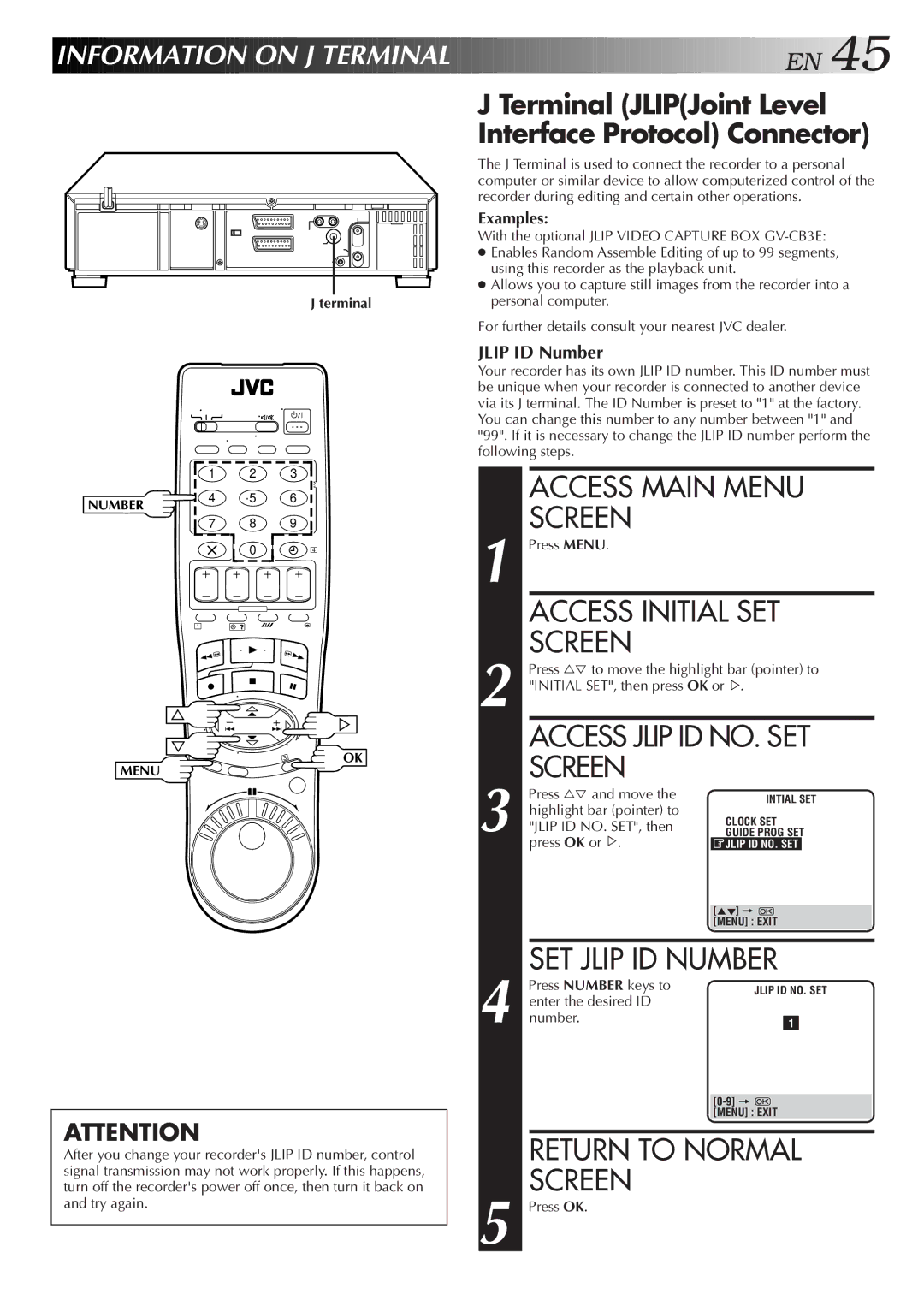 JVC HR-S9500EH specifications Access Initial SET, Access Jlip ID NO. SET, SET Jlip ID Number, Terminal JLIPJoint Level 