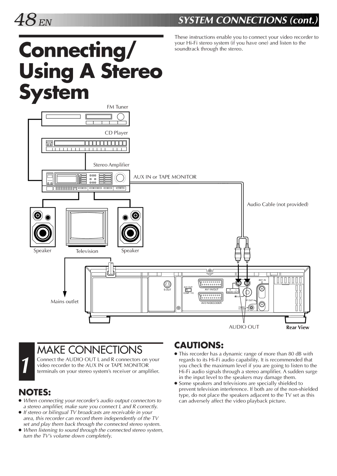 JVC HR-S9500EH specifications Connecting Using a Stereo System, AUX in or Tape Monitor, Rear View 