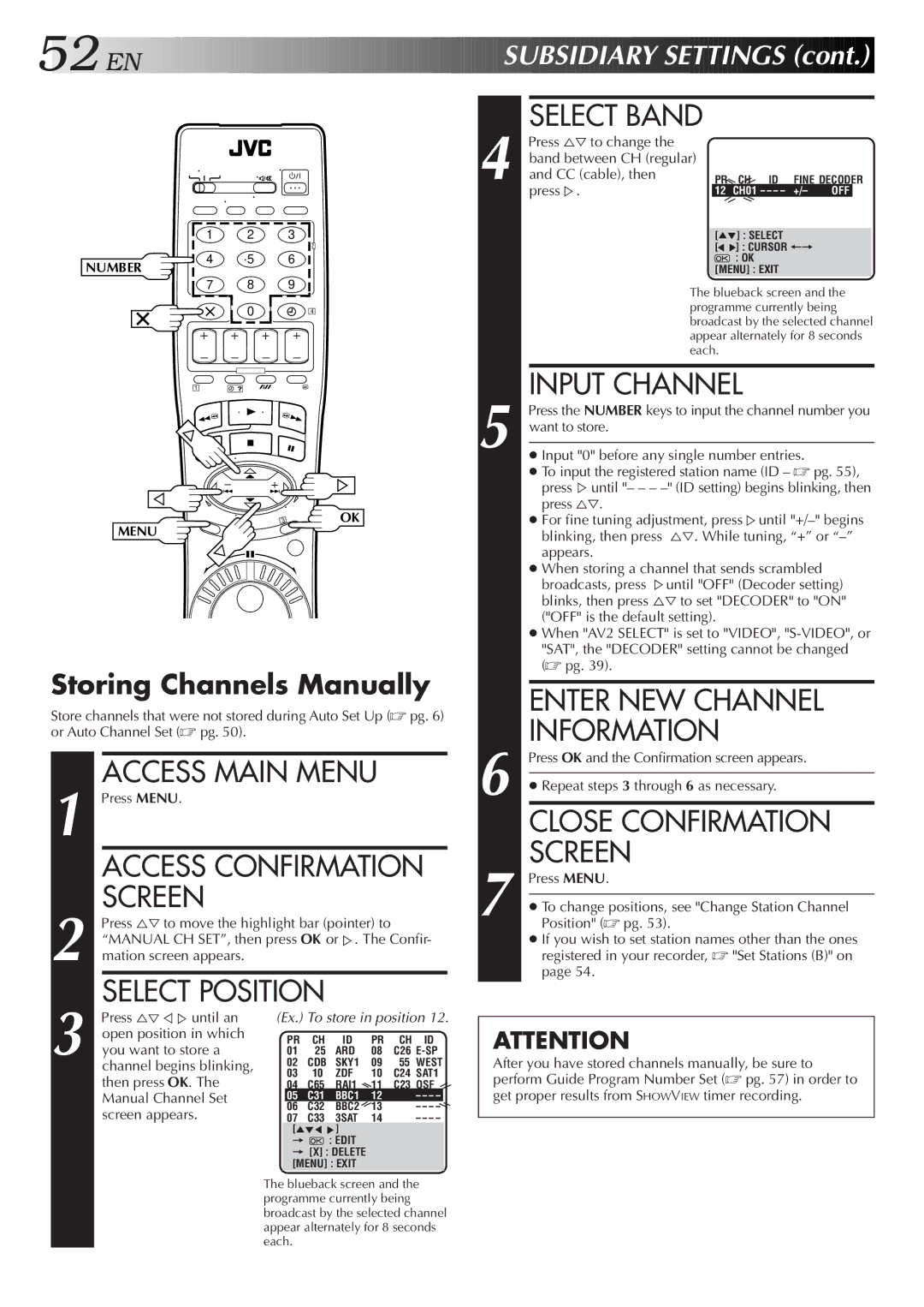 JVC HR-S9500EH specifications Enter NEW Channel Information, Storing Channels Manually 