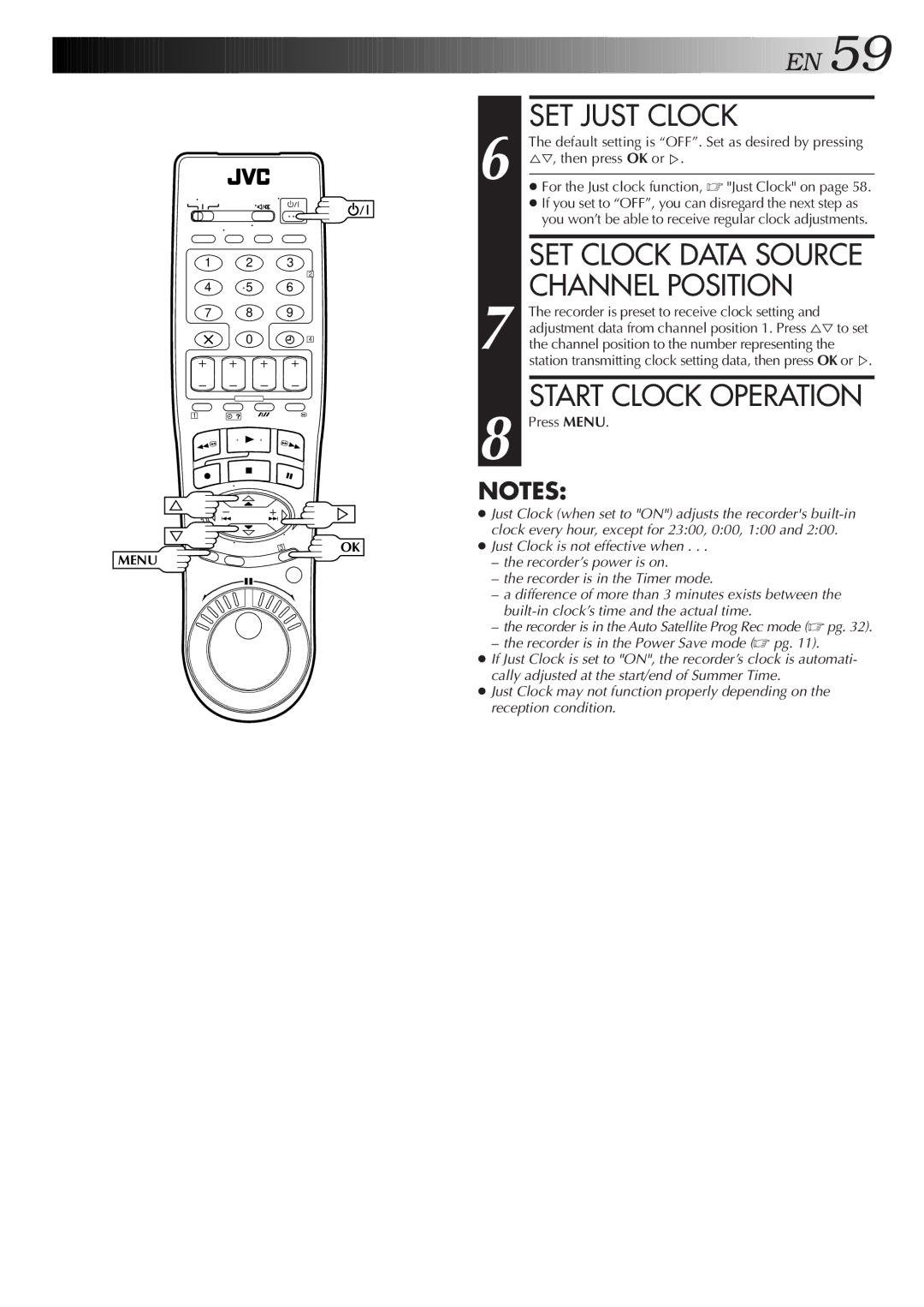 JVC HR-S9500EH specifications SET Just Clock, SET Clock Data Source Channel Position, Start Clock Operation 