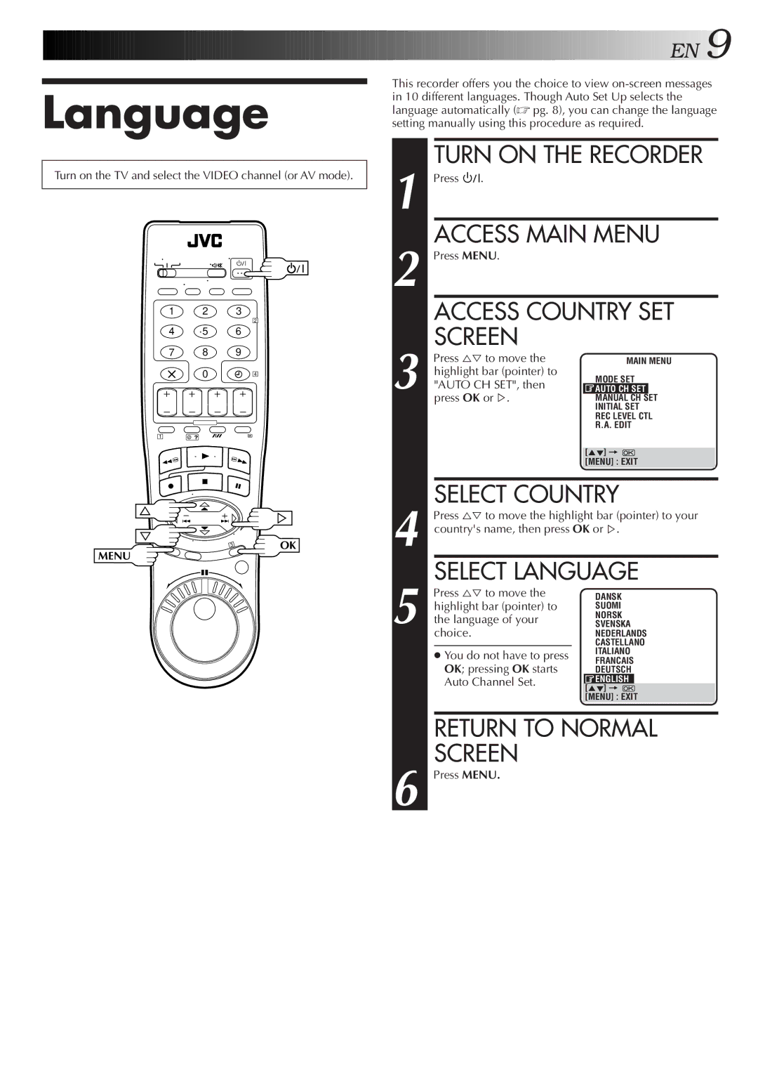 JVC HR-S9500EH specifications Language 